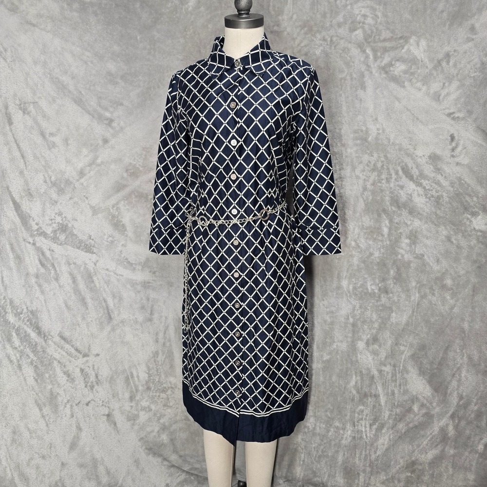 Charter Club Womens Navy White Geometric Lattice Print Cotton Shirt Dress Size 6